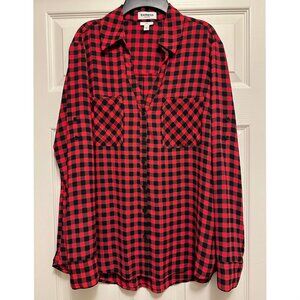 Express Portofino Blouse, Size L, Red & Black Buffalo Check Print